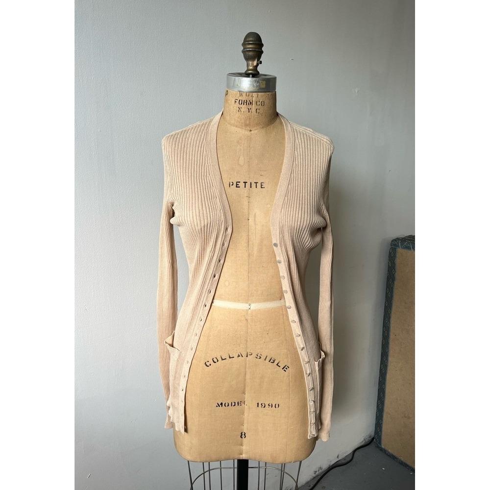 Calvin Klein Collection Beige Ribbed Knit Cardigan V-Neck Button Front Small NWT